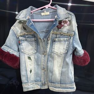 MONA LISA Blue and Red Jean Jacket with Distressed Design